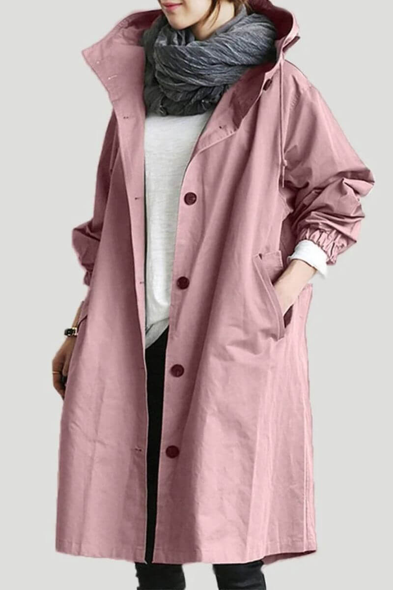 Emma’s lange regenjas voor dames in roze, waterdicht met capuchon